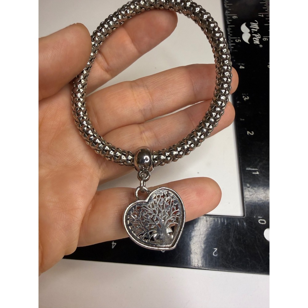 Silver Tone Tree of Life Heart Charm Popcorn Chain Stretch Bracelet